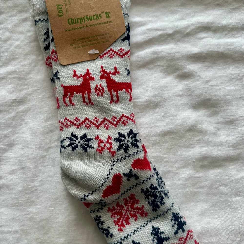 ChirpySocks Men’s Cream Crew Socks with Red & Navy Holiday Pattern